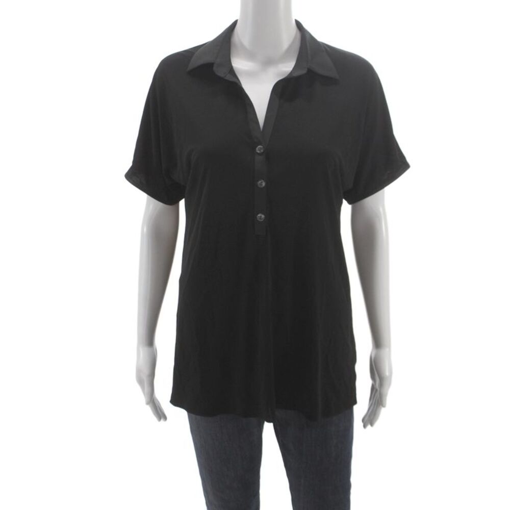 Peter Cohen Women Basic Collared Black Short-Sleeve Button-Up Size L
